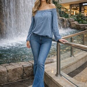 Blue Pinstripe Off-Shoulder Boho Top | Fairycore Cottagecore Blouse